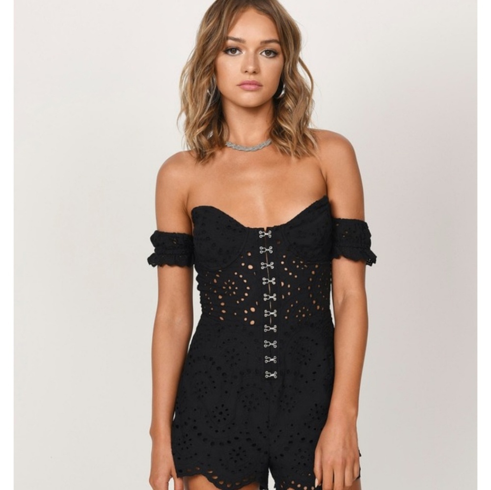 Tobi Black Eyelet Off-Shoulder Romper